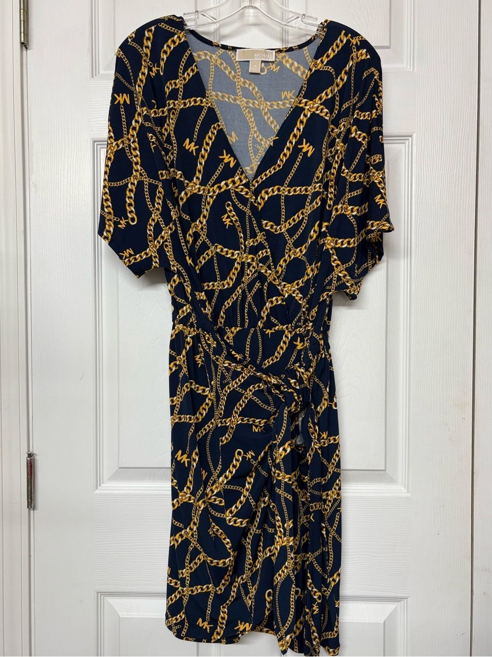 Michael Michael Kors Navy and Gold Chain Print MK Logo Faux Wrap Dress Sz 1X